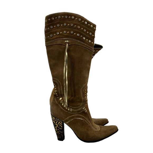 El Vaquero Boot Women 40 Tan Suede Silverstone Knee High Western Giontoli Design - Picture 1 of 14